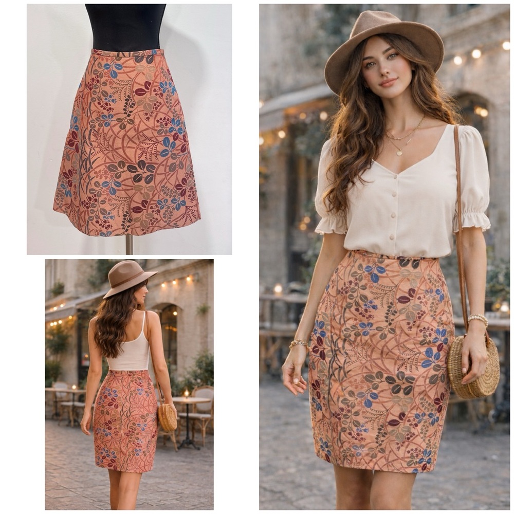 EUC Tocca Metallic Faunas Floral Knee-length Cotton / Silk Boho Classic Skirt 4